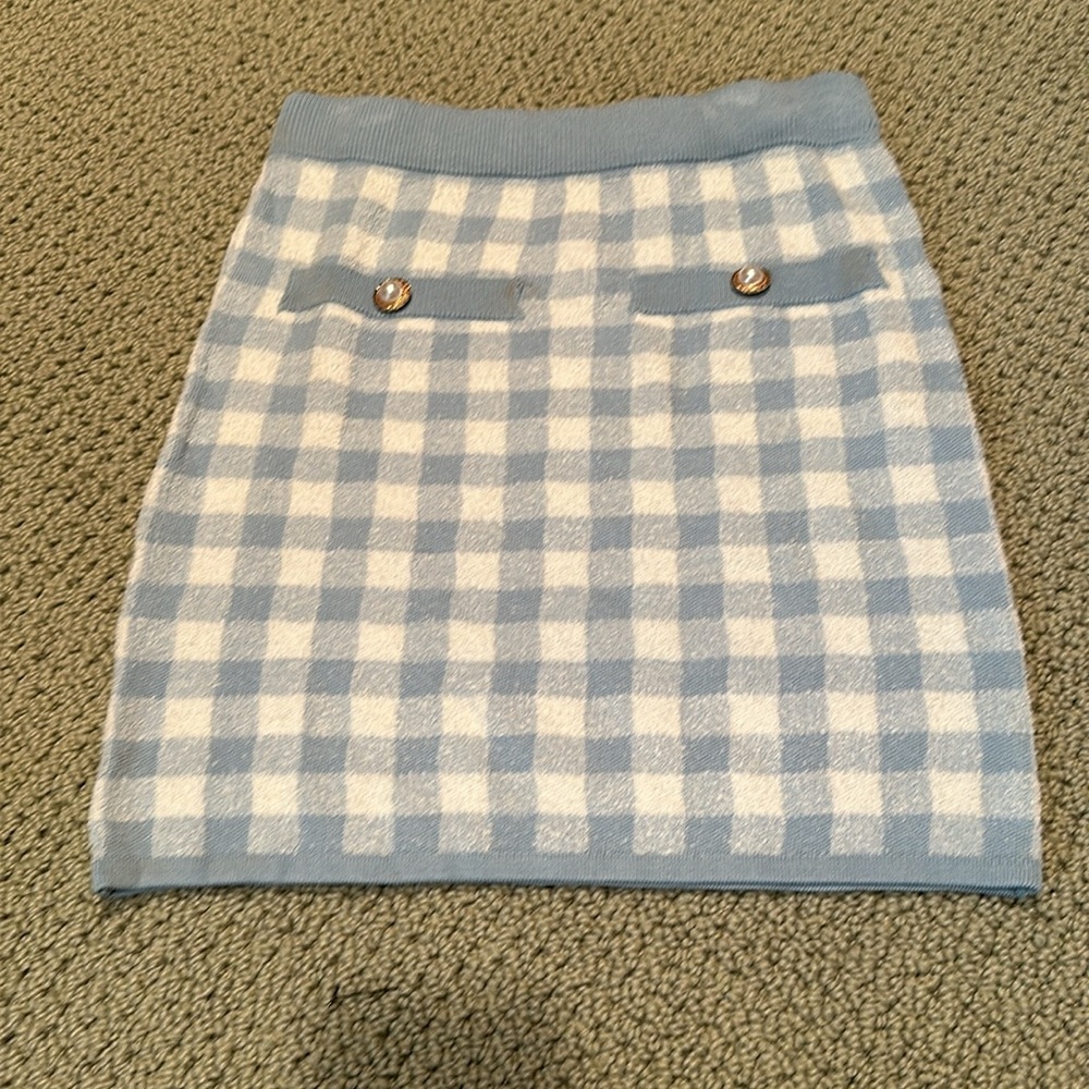 Assignment Revolve Knit Blue Gingham Mini Skirt S - image 2